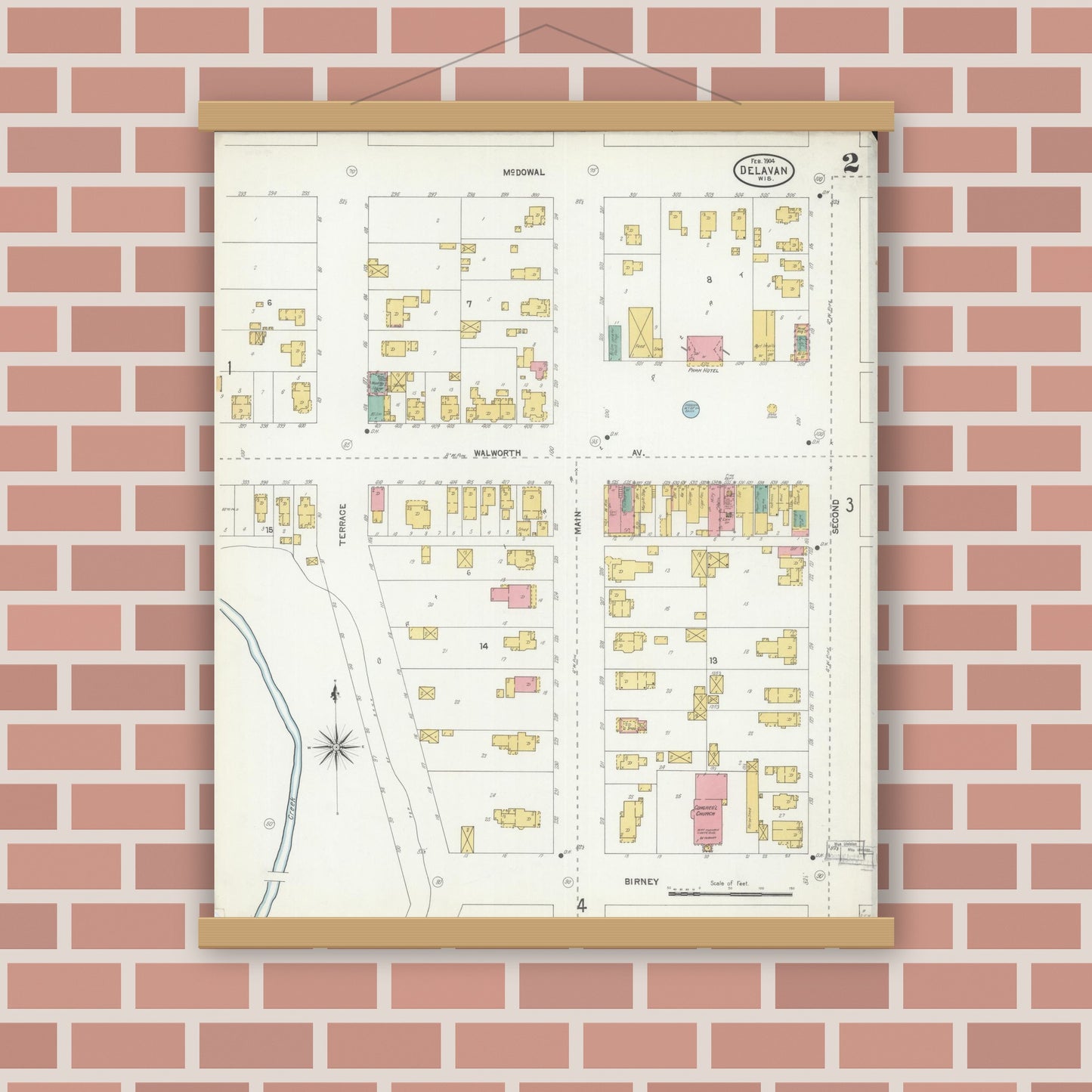 Old map wall art mockup — magnetic wood frame on brick wall — Sanborn Fire Insurance Map from Delavan, Walworth County, Wisconsin (1904), Sheet #0002