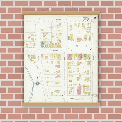 Old map wall art mockup — magnetic wood frame on brick wall — Sanborn Fire Insurance Map from Delavan, Walworth County, Wisconsin (1904), Sheet #0002