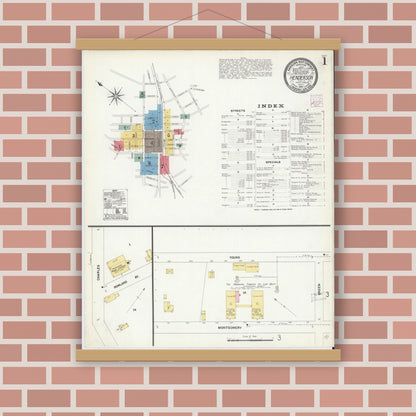 Old map wall art mockup — magnetic wood frame on brick wall — Sanborn Fire Insurance Map from Henderson, Vance County, North Carolina (1907) - Complete Map Set