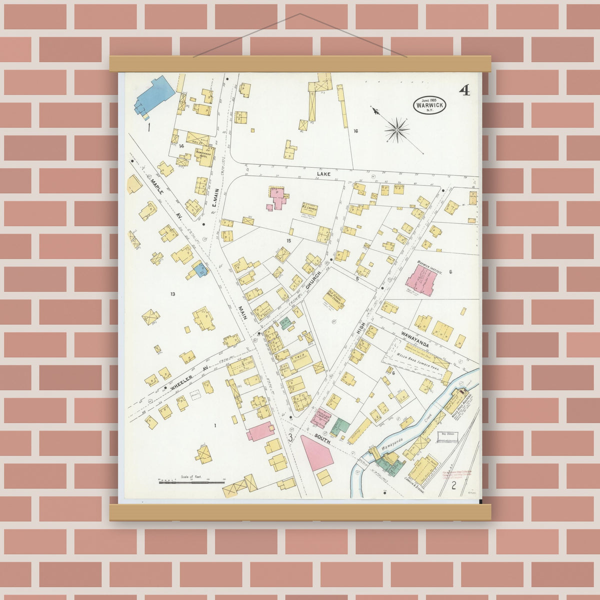 Old map wall art mockup — magnetic wood frame on brick wall — Sanborn Fire Insurance Map from Warwick, Orange County, New York (1905), Sheet #0004