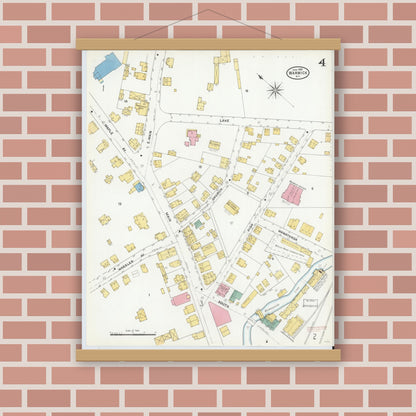 Old map wall art mockup — magnetic wood frame on brick wall — Sanborn Fire Insurance Map from Warwick, Orange County, New York (1905), Sheet #0004