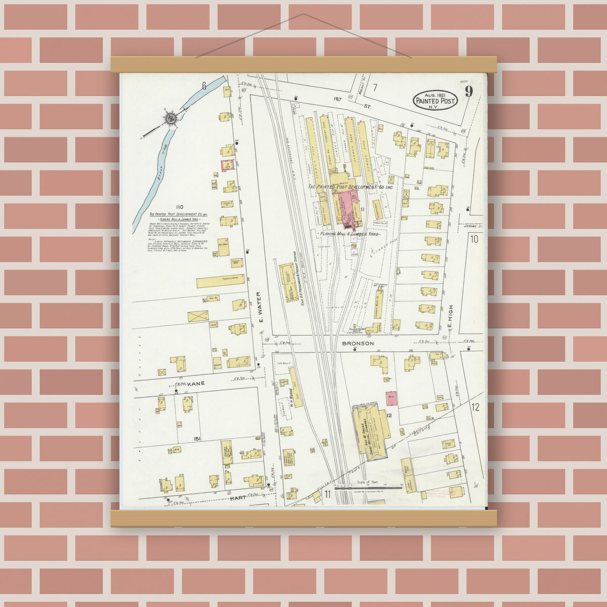 Old map wall art mockup — magnetic wood frame on brick wall — Sanborn Fire Insurance Map from Painted Post, Steuben County, New York (1921), Sheet #0009