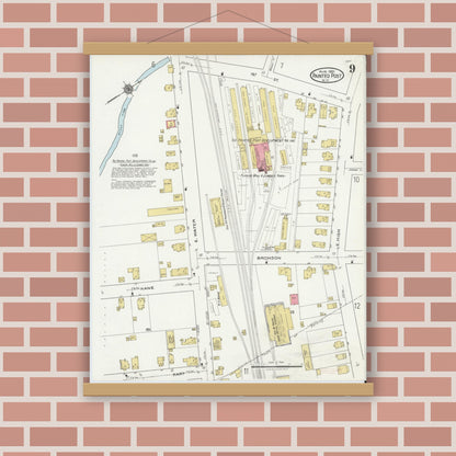Old map wall art mockup — magnetic wood frame on brick wall — Sanborn Fire Insurance Map from Painted Post, Steuben County, New York (1921), Sheet #0009