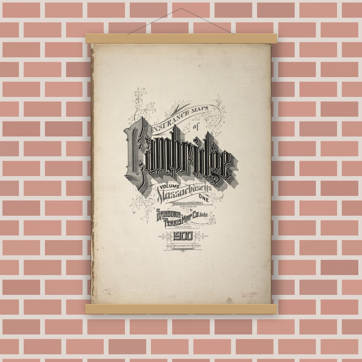 Old map wall art mockup — magnetic wood frame on brick wall — Sanborn Fire Insurance Map from Cambridge, Middlesex County, Massachusetts (1900), Sheet #0001