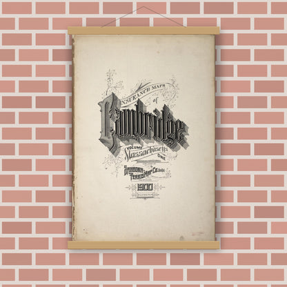 Old map wall art mockup — magnetic wood frame on brick wall — Sanborn Fire Insurance Map from Cambridge, Middlesex County, Massachusetts (1900), Sheet #0001