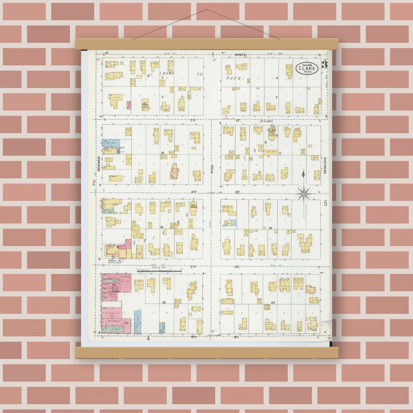 Old map wall art mockup — magnetic wood frame on brick wall — Sanborn Fire Insurance Map from Clare, Clare County, Michigan (1906), Sheet #0003