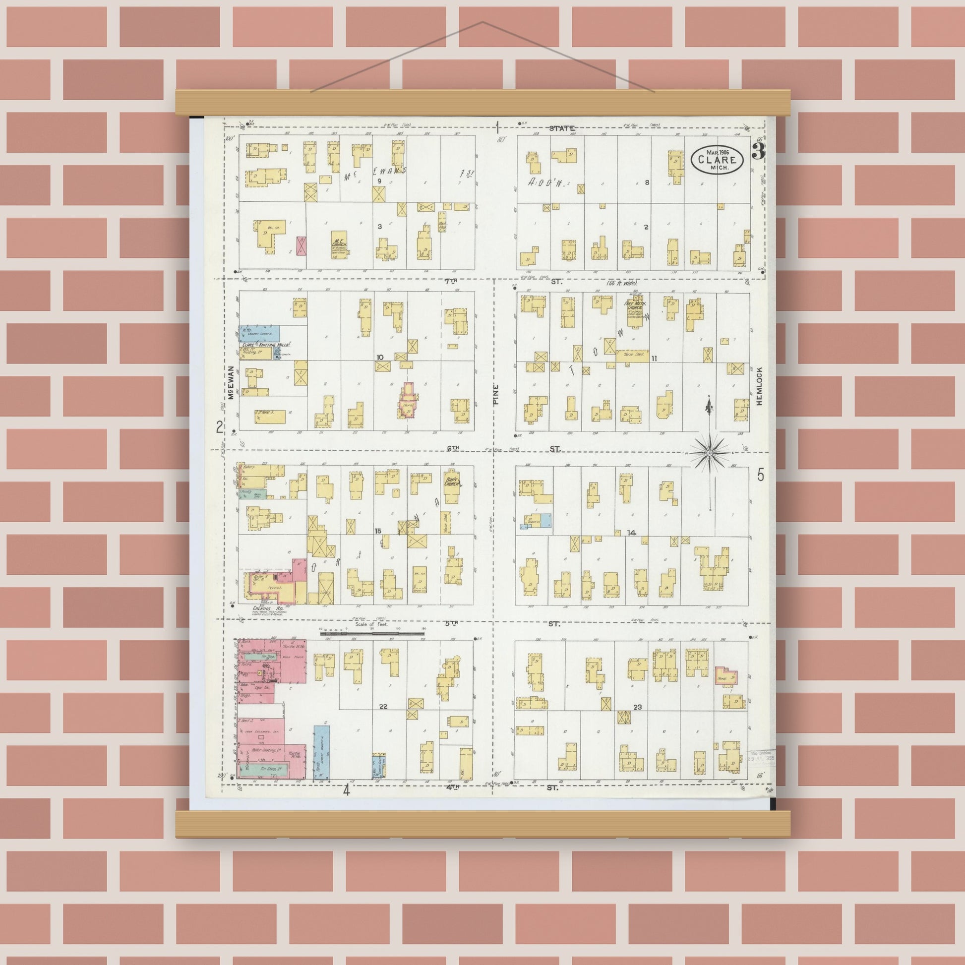 Old map wall art mockup — magnetic wood frame on brick wall — Sanborn Fire Insurance Map from Clare, Clare County, Michigan (1906), Sheet #0003