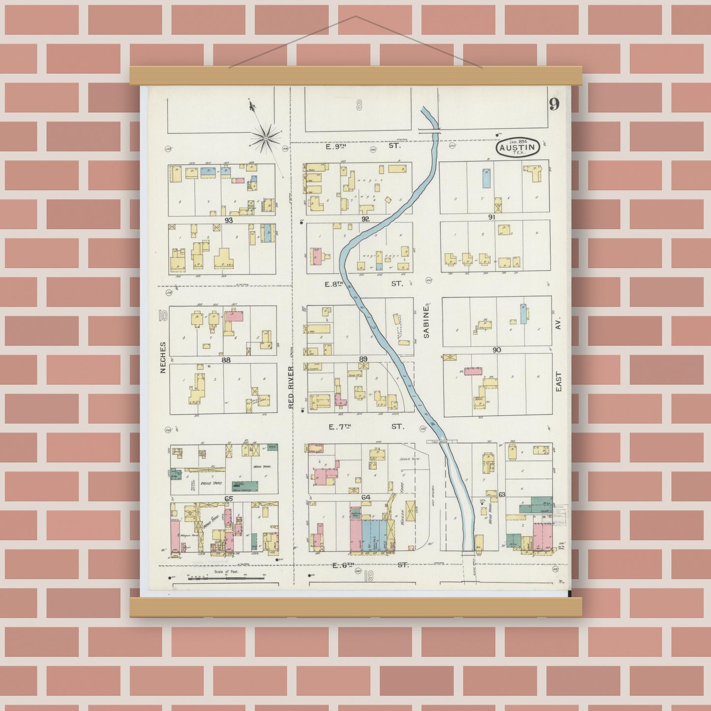 Old map wall art mockup — magnetic wood frame on brick wall — Sanborn Fire Insurance Map from Austin, Travis County, Texas (1894), Sheet #0009