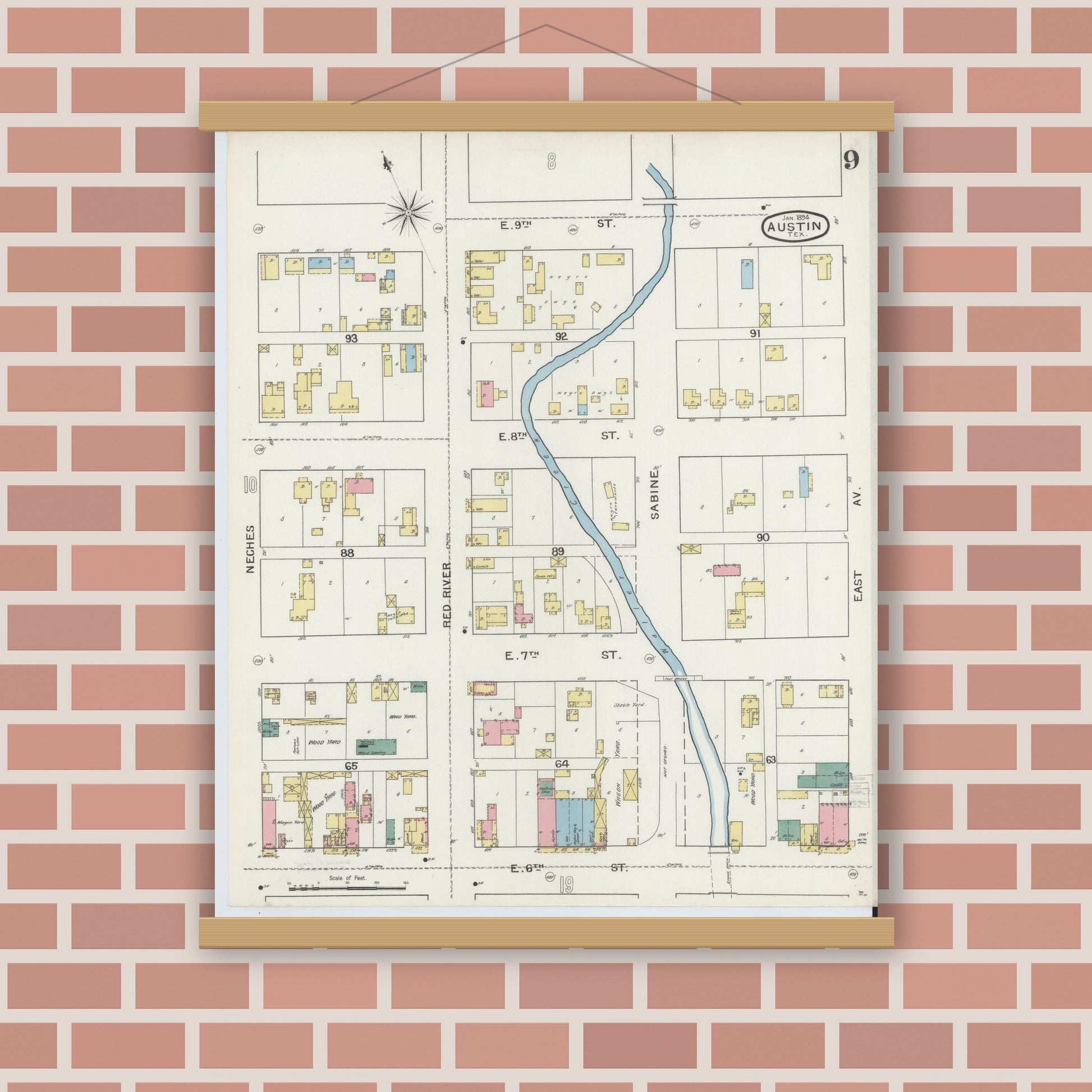 Old map wall art mockup — magnetic wood frame on brick wall — Sanborn Fire Insurance Map from Austin, Travis County, Texas (1894), Sheet #0009