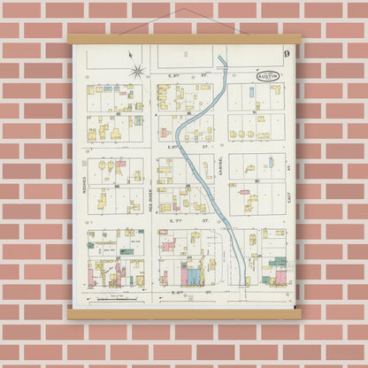 Old map wall art mockup — magnetic wood frame on brick wall — Sanborn Fire Insurance Map from Austin, Travis County, Texas (1894), Sheet #0009