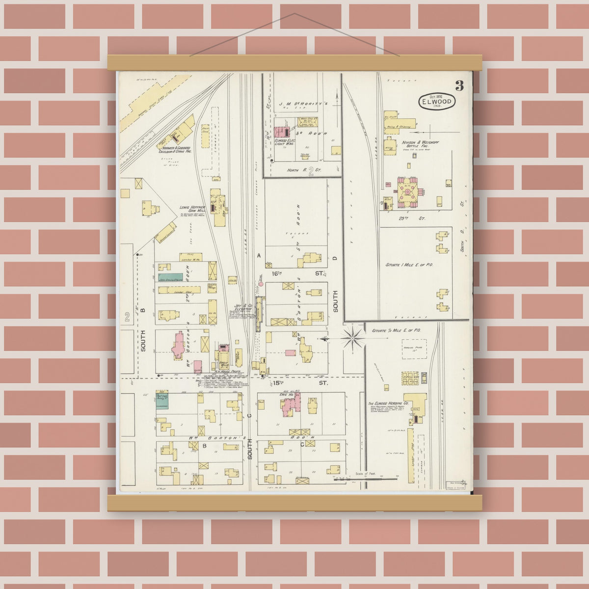Old map wall art mockup — magnetic wood frame on brick wall — Sanborn Fire Insurance Map from Elwood, Madison County, Indiana (1892), Sheet #0003