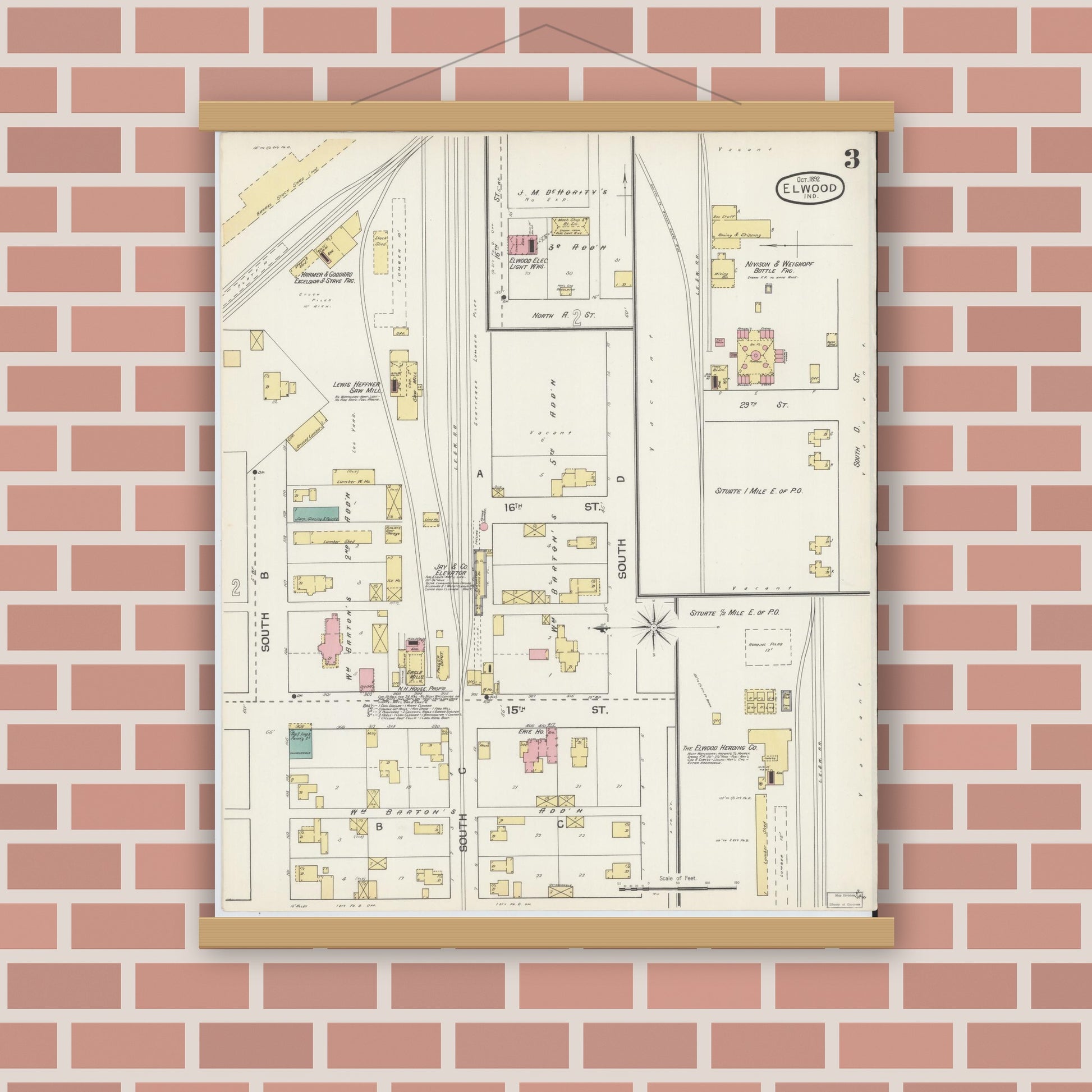 Old map wall art mockup — magnetic wood frame on brick wall — Sanborn Fire Insurance Map from Elwood, Madison County, Indiana (1892), Sheet #0003