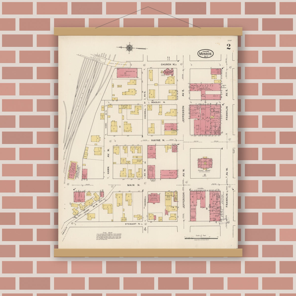 Old map wall art mockup — magnetic wood frame on brick wall — Sanborn Fire Insurance Map from Monroe, Union County, North Carolina (1922), Sheet #0002