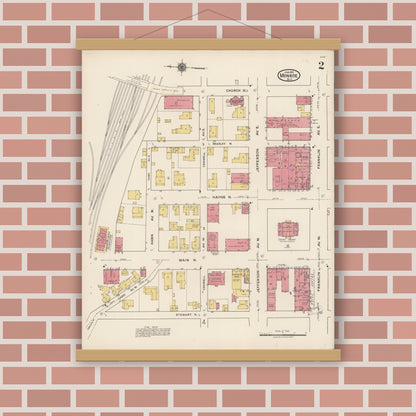 Old map wall art mockup — magnetic wood frame on brick wall — Sanborn Fire Insurance Map from Monroe, Union County, North Carolina (1922), Sheet #0002
