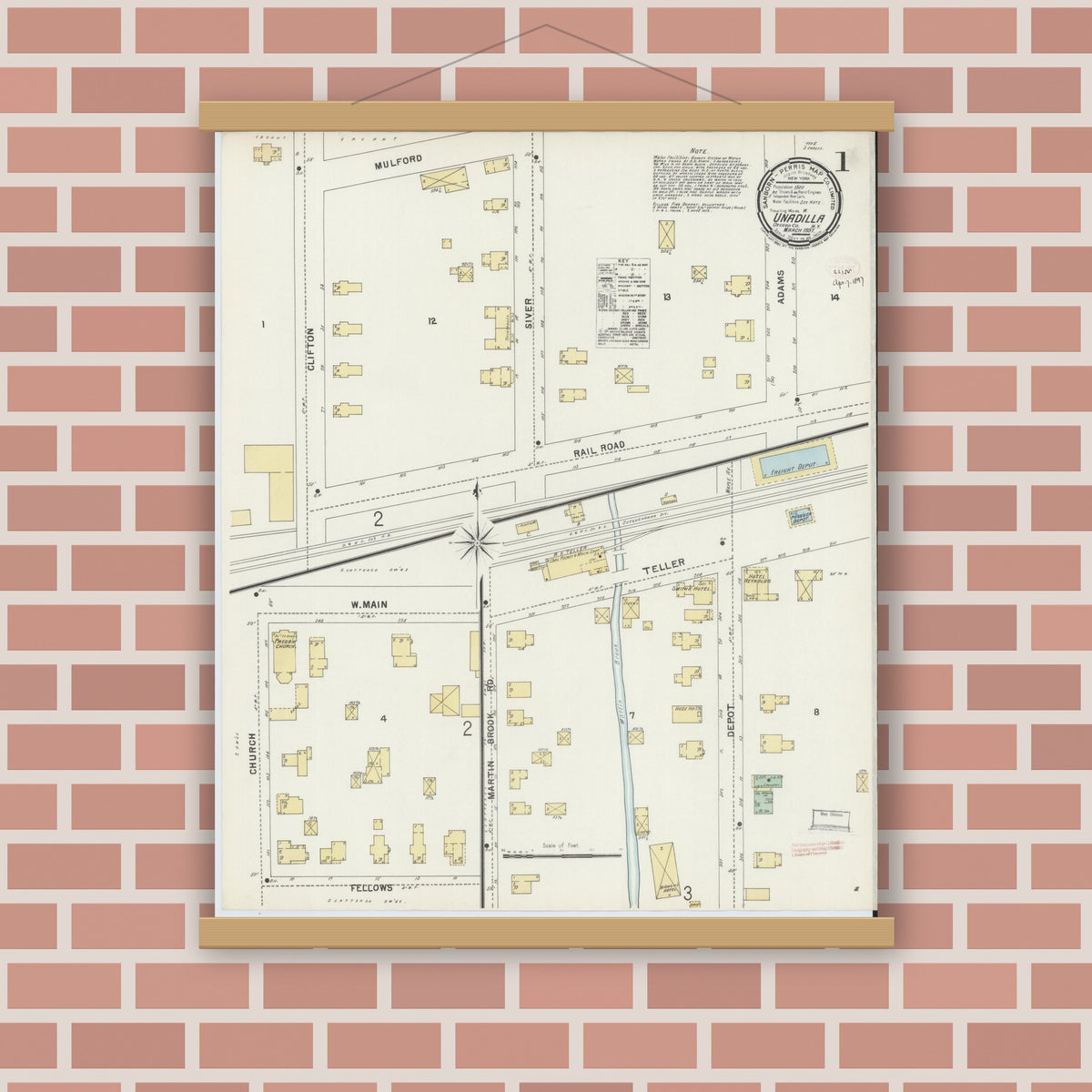 Old map wall art mockup — magnetic wood frame on brick wall — Sanborn Fire Insurance Map from Unadilla, Otsego County, New York (1897) - Complete Map Set