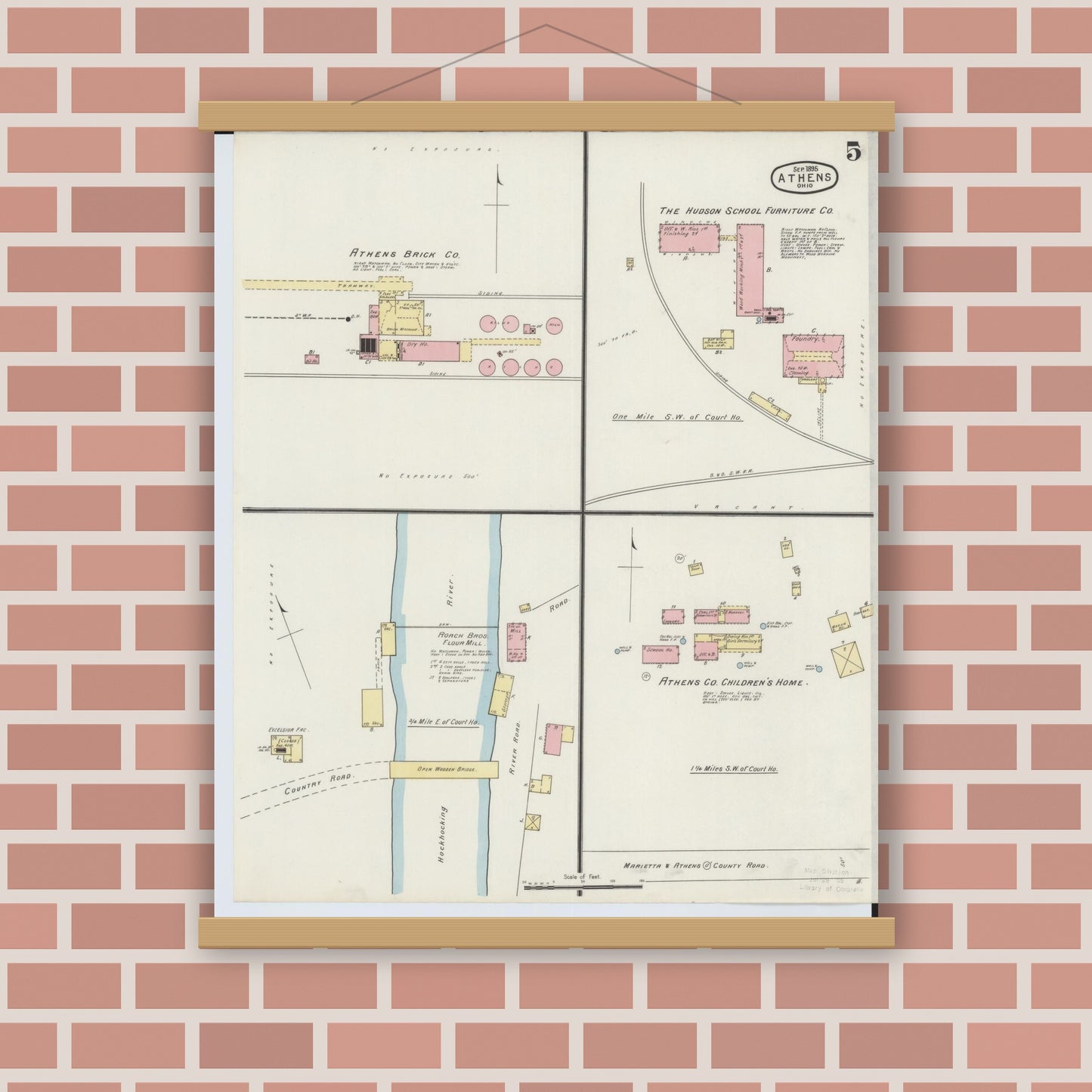 Old map wall art mockup — magnetic wood frame on brick wall — Sanborn Fire Insurance Map from Athens, Athens County, Ohio (1895), Sheet #0005