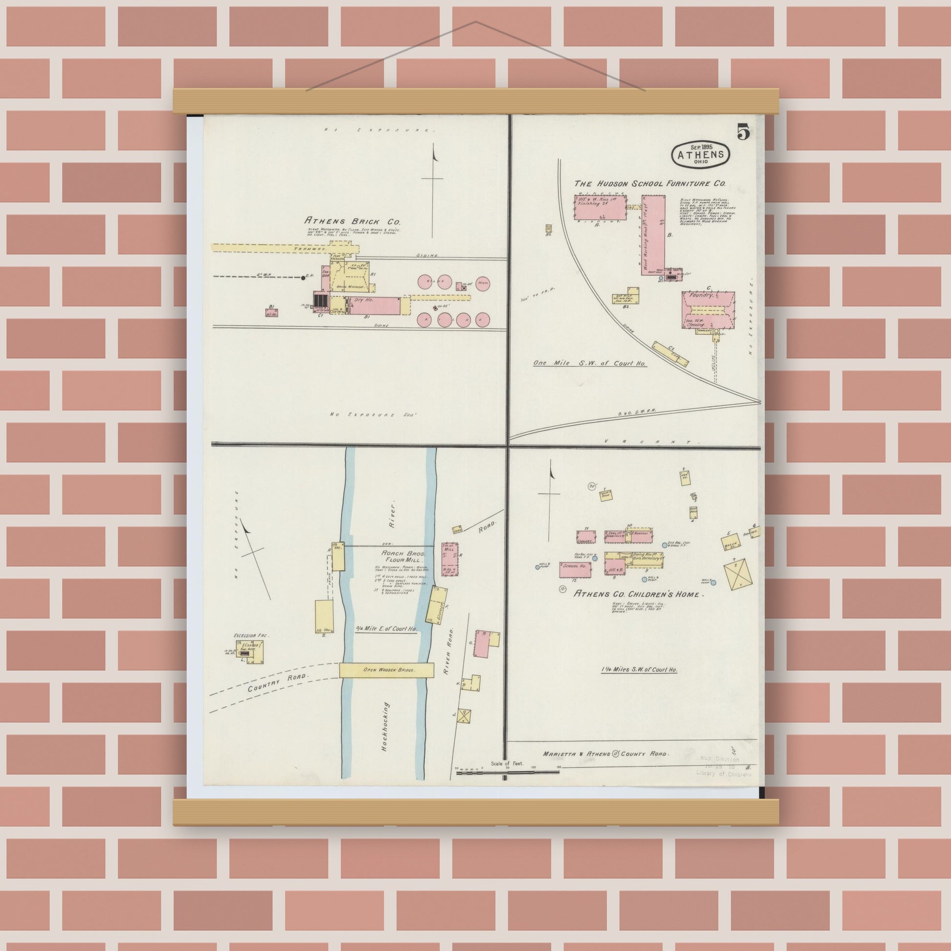 Old map wall art mockup — magnetic wood frame on brick wall — Sanborn Fire Insurance Map from Athens, Athens County, Ohio (1895), Sheet #0005