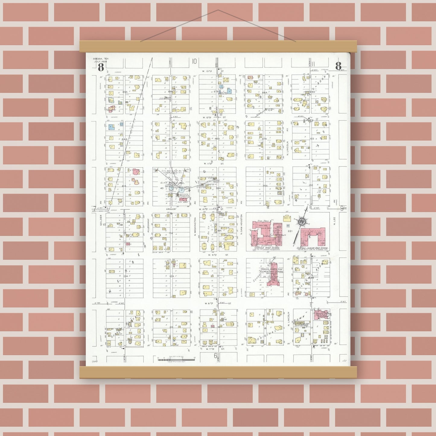 Old map wall art mockup — magnetic wood frame on brick wall — Sanborn Fire Insurance Map from Odessa, Edger County, Texas (1939), Sheet #0008
