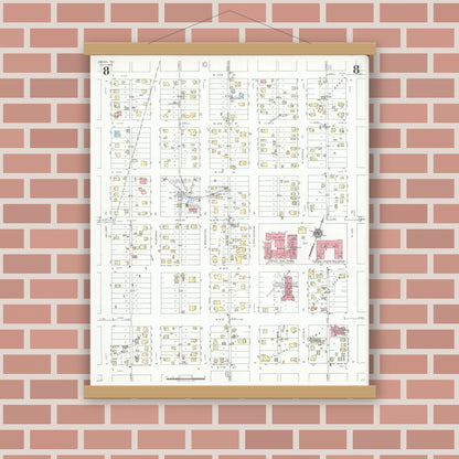 Old map wall art mockup — magnetic wood frame on brick wall — Sanborn Fire Insurance Map from Odessa, Edger County, Texas (1939), Sheet #0008
