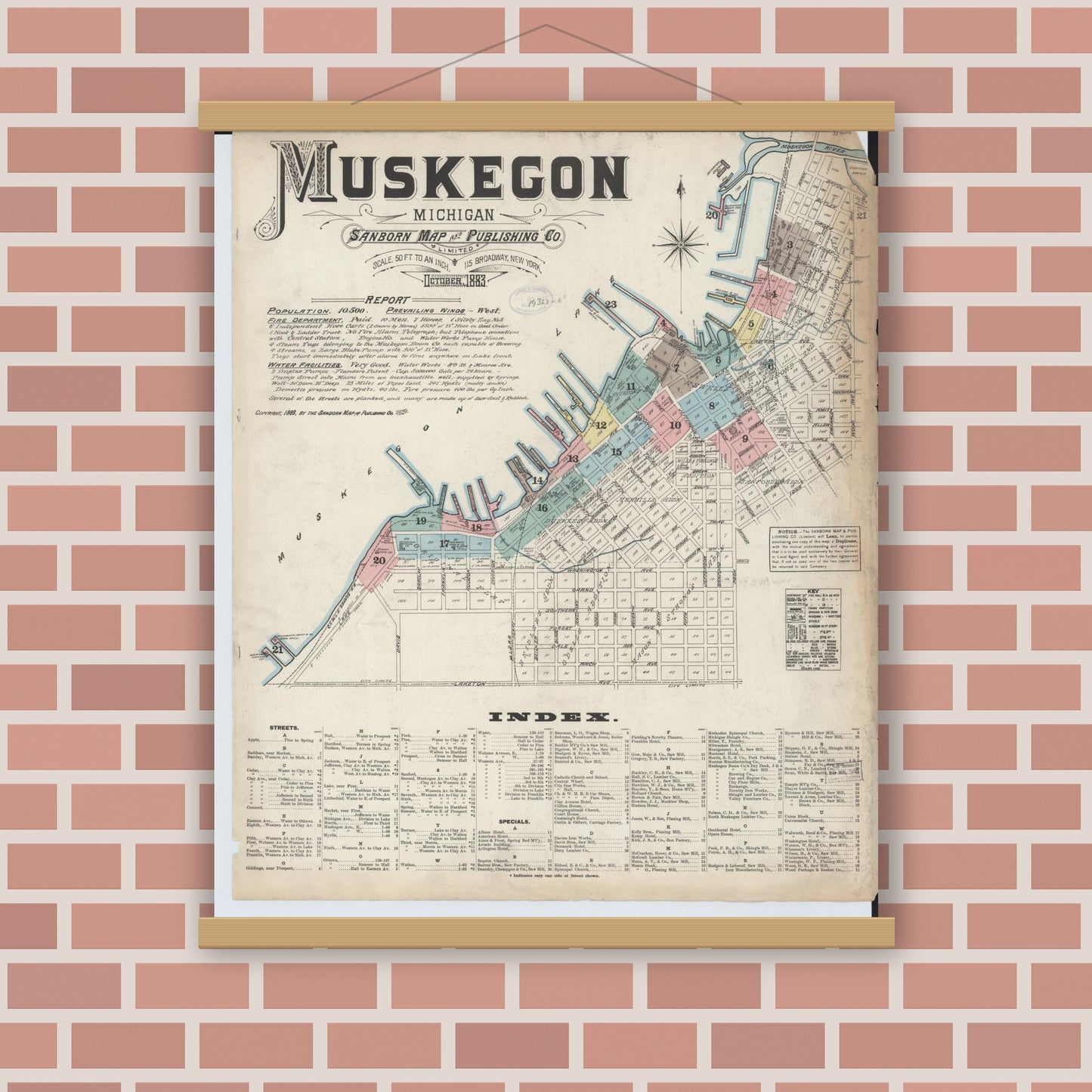 Old map wall art mockup — magnetic wood frame on brick wall — Sanborn Fire Insurance Map from Muskegon, Muskegon County, Michigan (1883) - Complete Map Set