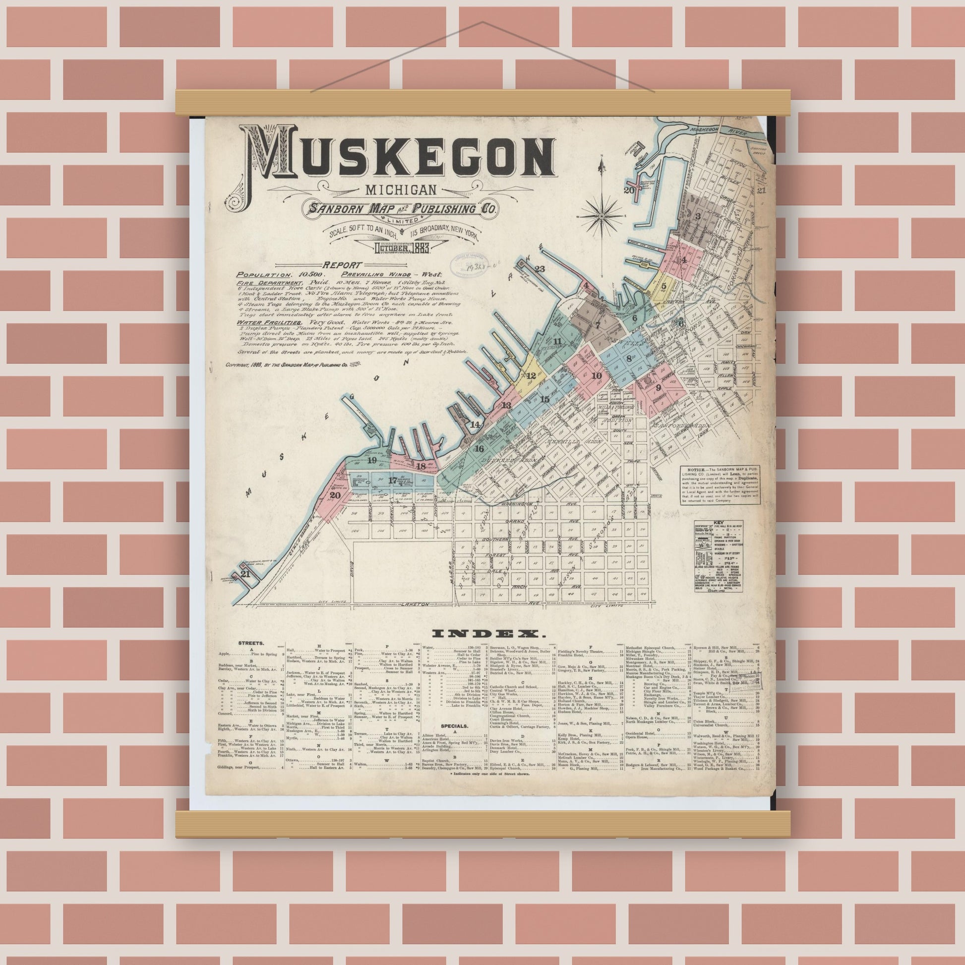 Old map wall art mockup — magnetic wood frame on brick wall — Sanborn Fire Insurance Map from Muskegon, Muskegon County, Michigan (1883) - Complete Map Set