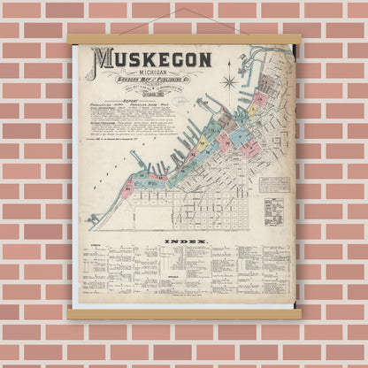 Old map wall art mockup — magnetic wood frame on brick wall — Sanborn Fire Insurance Map from Muskegon, Muskegon County, Michigan (1883) - Complete Map Set