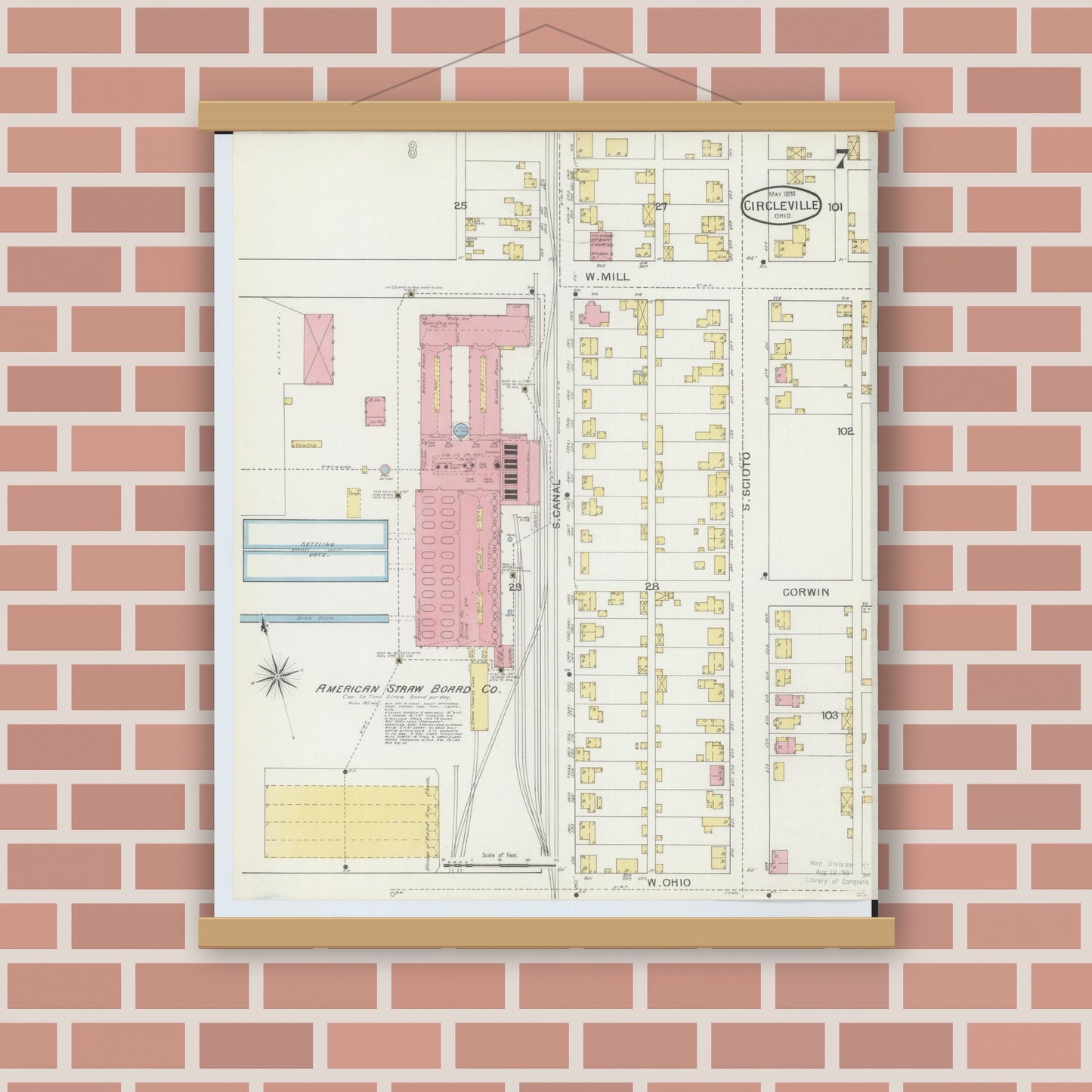 Old map wall art mockup — magnetic wood frame on brick wall — Sanborn Fire Insurance Map from Circleville, Pickaway County, Ohio (1893), Sheet #0007