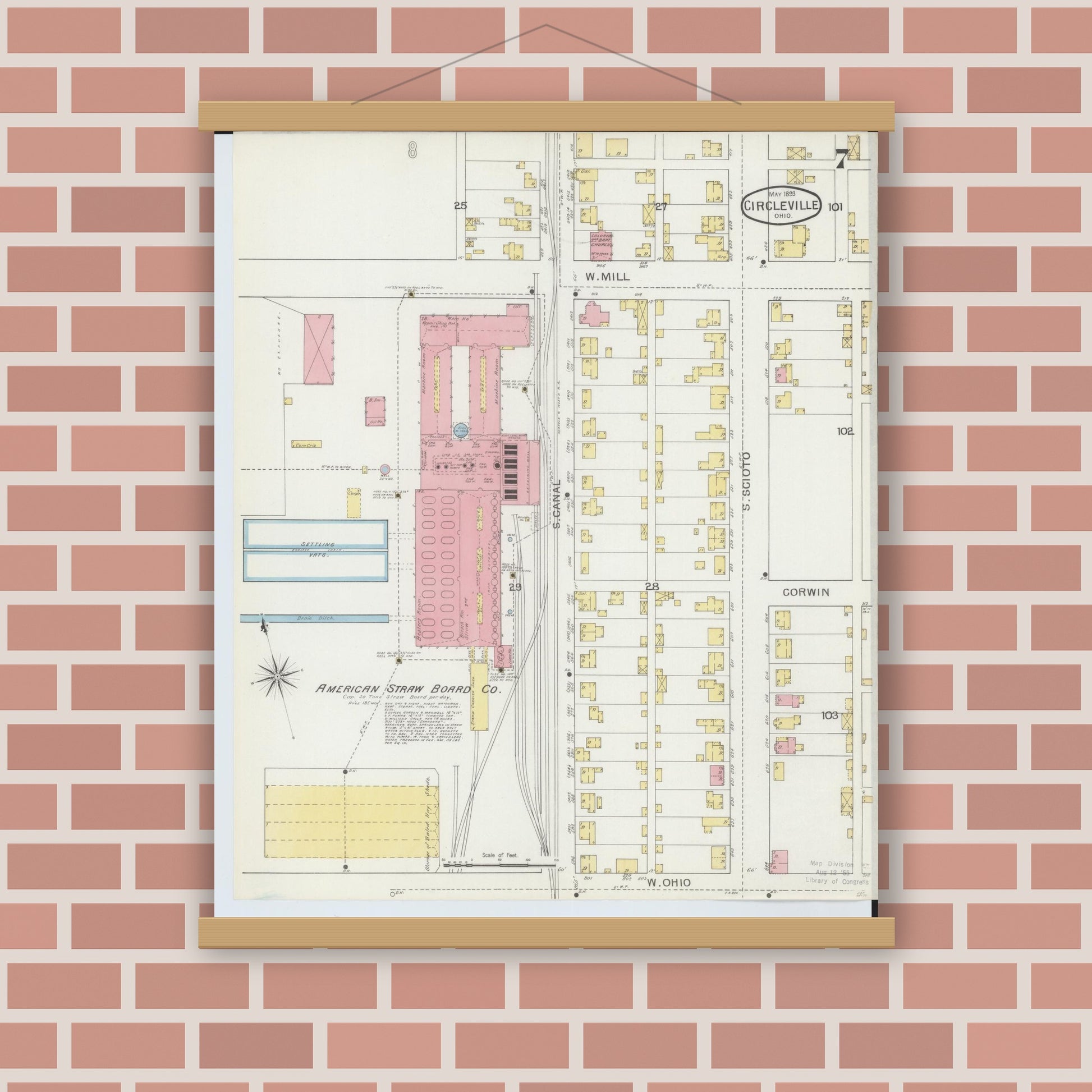 Old map wall art mockup — magnetic wood frame on brick wall — Sanborn Fire Insurance Map from Circleville, Pickaway County, Ohio (1893), Sheet #0007