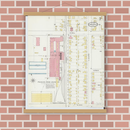 Old map wall art mockup — magnetic wood frame on brick wall — Sanborn Fire Insurance Map from Circleville, Pickaway County, Ohio (1893), Sheet #0007