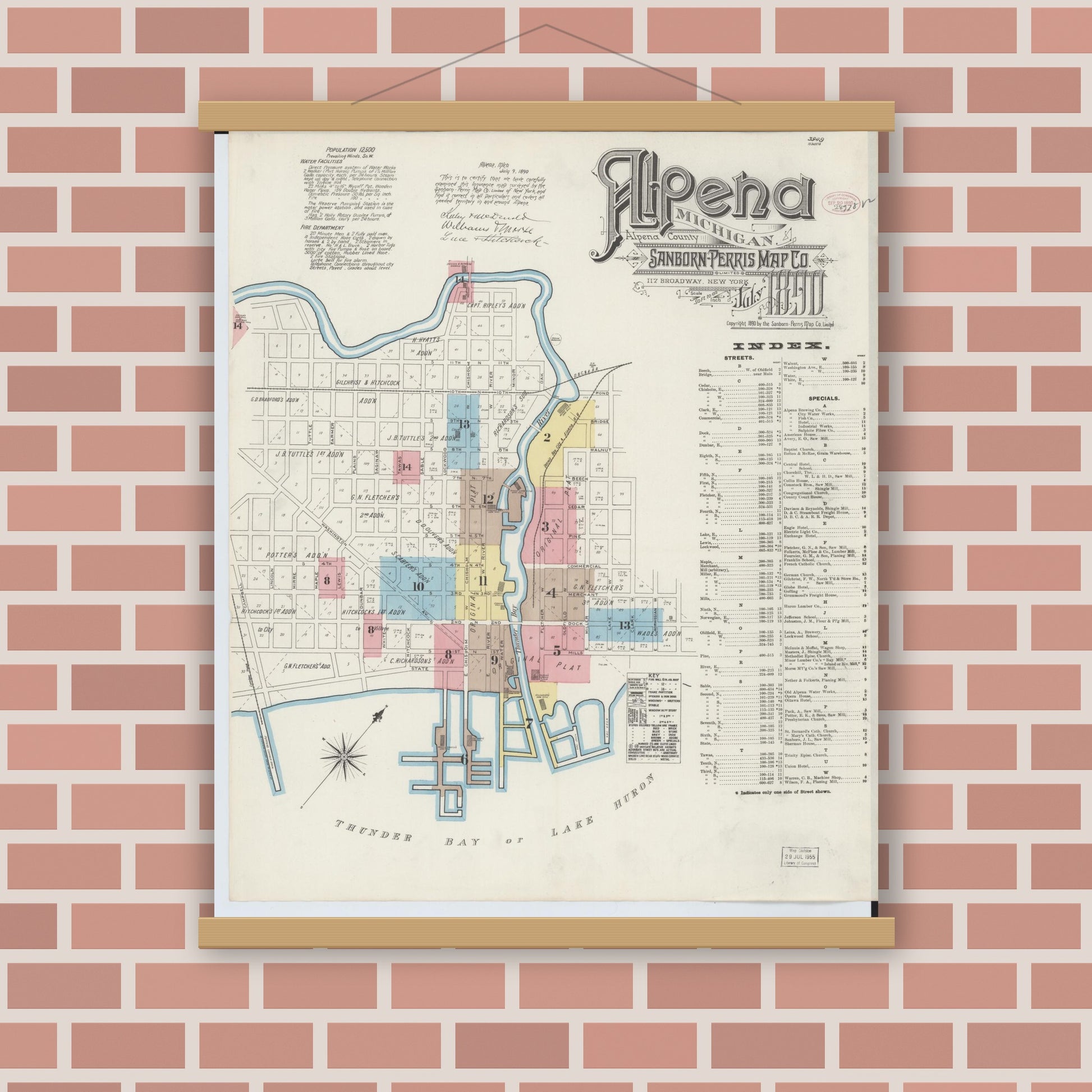 Old map wall art mockup — magnetic wood frame on brick wall — Sanborn Fire Insurance Map from Alpena, Alpena County, Michigan (1890) - Complete Map Set