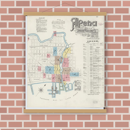 Old map wall art mockup — magnetic wood frame on brick wall — Sanborn Fire Insurance Map from Alpena, Alpena County, Michigan (1890) - Complete Map Set