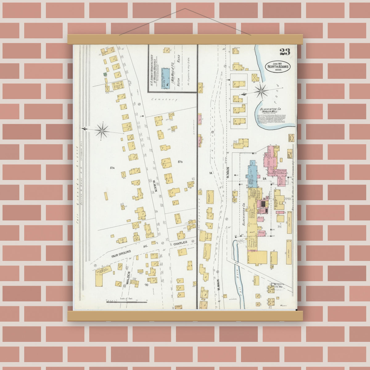 Old map wall art mockup — magnetic wood frame on brick wall — Sanborn Fire Insurance Map from North Adams, Berkshire County, Massachusetts (1901), Sheet #0023