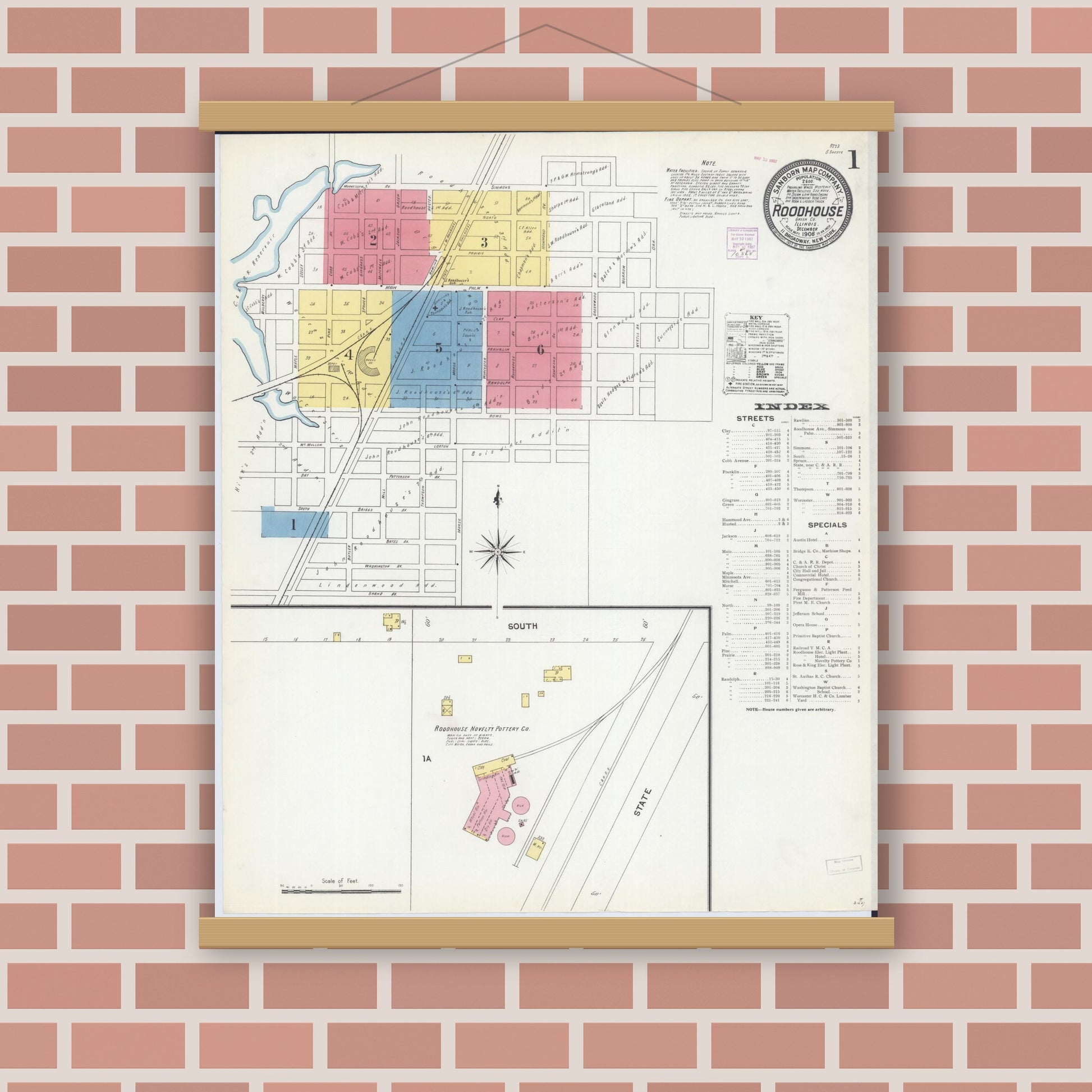 Old map wall art mockup — magnetic wood frame on brick wall — Sanborn Fire Insurance Map from Roodhouse, Greene County, Illinois (1906), Sheet #0001