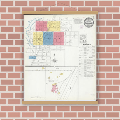 Old map wall art mockup — magnetic wood frame on brick wall — Sanborn Fire Insurance Map from Roodhouse, Greene County, Illinois (1906), Sheet #0001