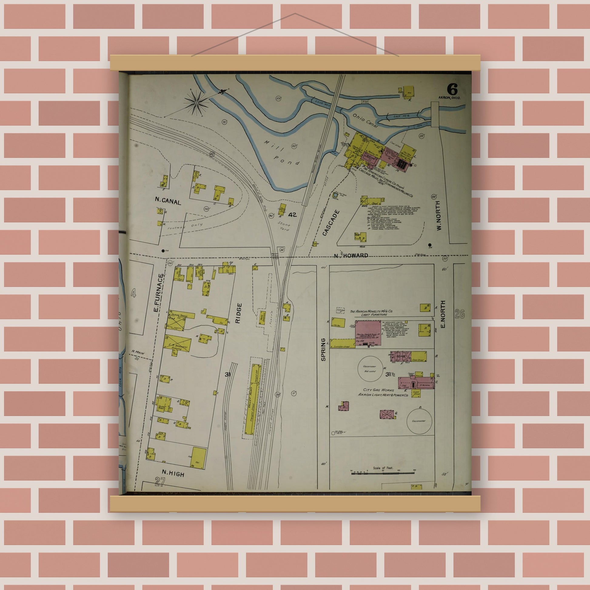 Old map wall art mockup — magnetic wood frame on brick wall — Sanborn Fire Insurance Map from Akron, Summit County, Ohio (1892), Sheet #0006