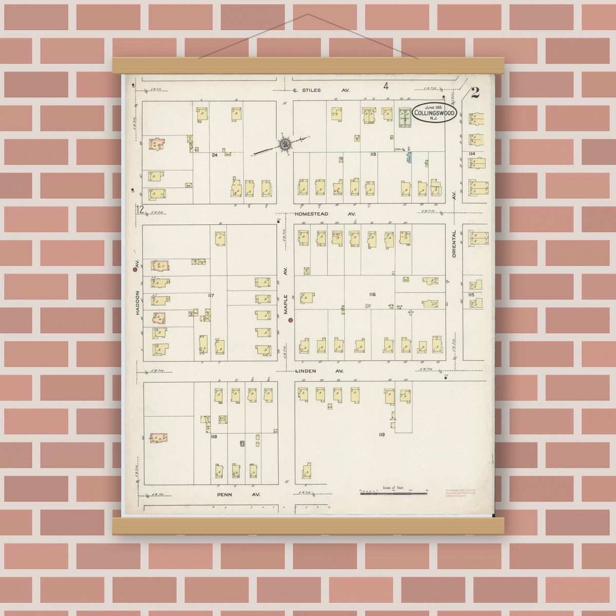 Old map wall art mockup — magnetic wood frame on brick wall — Sanborn Fire Insurance Map from Collingswood, Camden County, New Jersey (1915), Sheet #0002