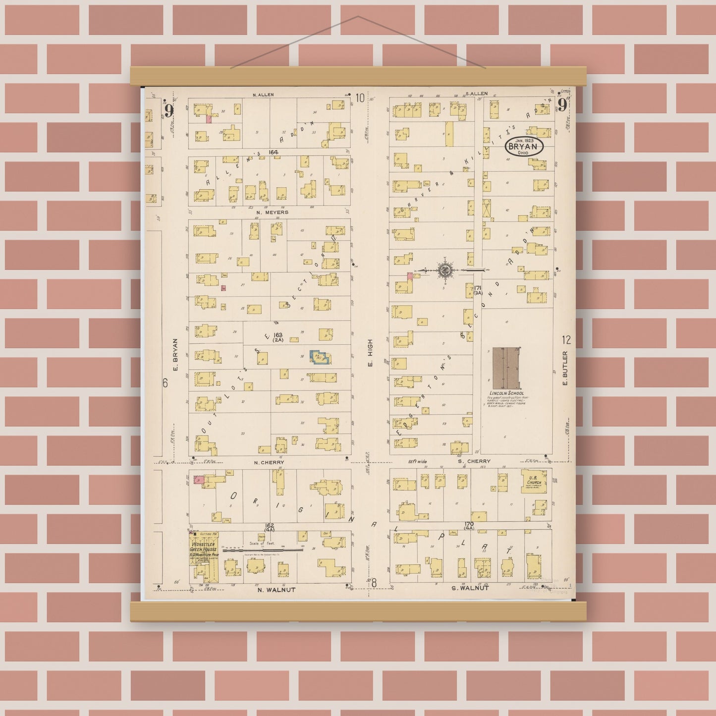 Old map wall art mockup — magnetic wood frame on brick wall — Sanborn Fire Insurance Map from Bryan, Williams County, Ohio (1923), Sheet #0009