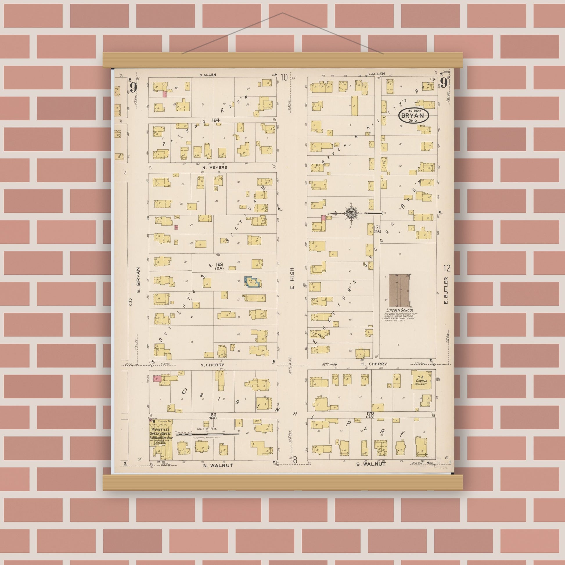 Old map wall art mockup — magnetic wood frame on brick wall — Sanborn Fire Insurance Map from Bryan, Williams County, Ohio (1923), Sheet #0009