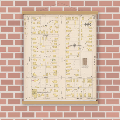Old map wall art mockup — magnetic wood frame on brick wall — Sanborn Fire Insurance Map from Bryan, Williams County, Ohio (1923), Sheet #0009