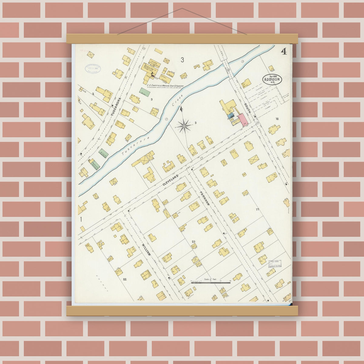 Old map wall art mockup — magnetic wood frame on brick wall — Sanborn Fire Insurance Map from Addison, Steuben County, New York (1898), Sheet #0004