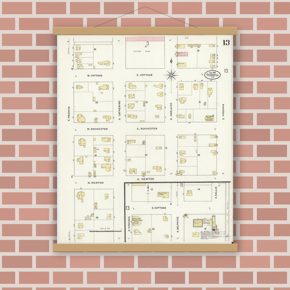 Old map wall art mockup — magnetic wood frame on brick wall — Sanborn Fire Insurance Map from Terrell, Kaufman County, Texas (1909), Sheet #0013