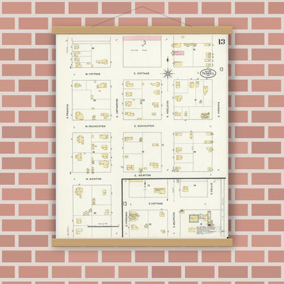 Old map wall art mockup — magnetic wood frame on brick wall — Sanborn Fire Insurance Map from Terrell, Kaufman County, Texas (1909), Sheet #0013