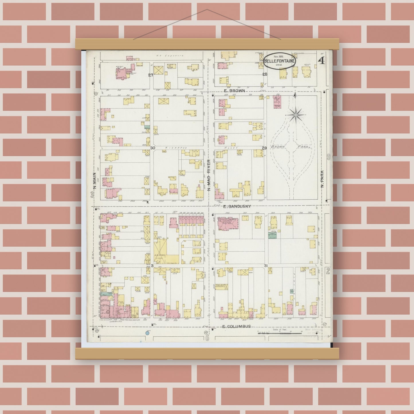 Old map wall art mockup — magnetic wood frame on brick wall — Sanborn Fire Insurance Map from Bellefontaine, Logan County, Ohio (1892), Sheet #0004