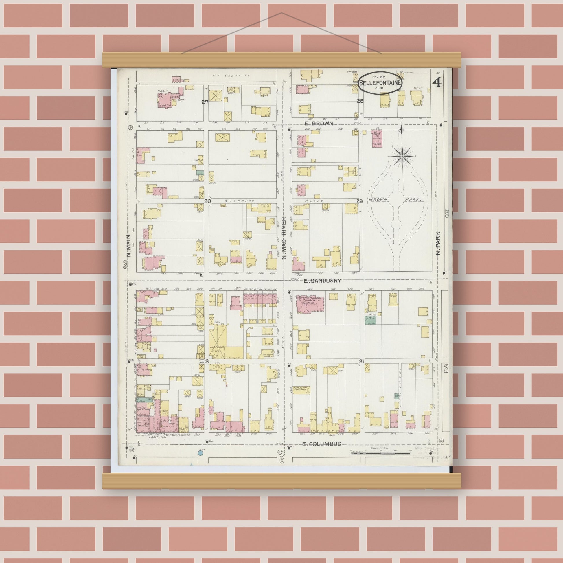 Old map wall art mockup — magnetic wood frame on brick wall — Sanborn Fire Insurance Map from Bellefontaine, Logan County, Ohio (1892), Sheet #0004