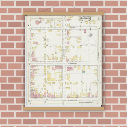 Old map wall art mockup — magnetic wood frame on brick wall — Sanborn Fire Insurance Map from Bellefontaine, Logan County, Ohio (1892), Sheet #0004