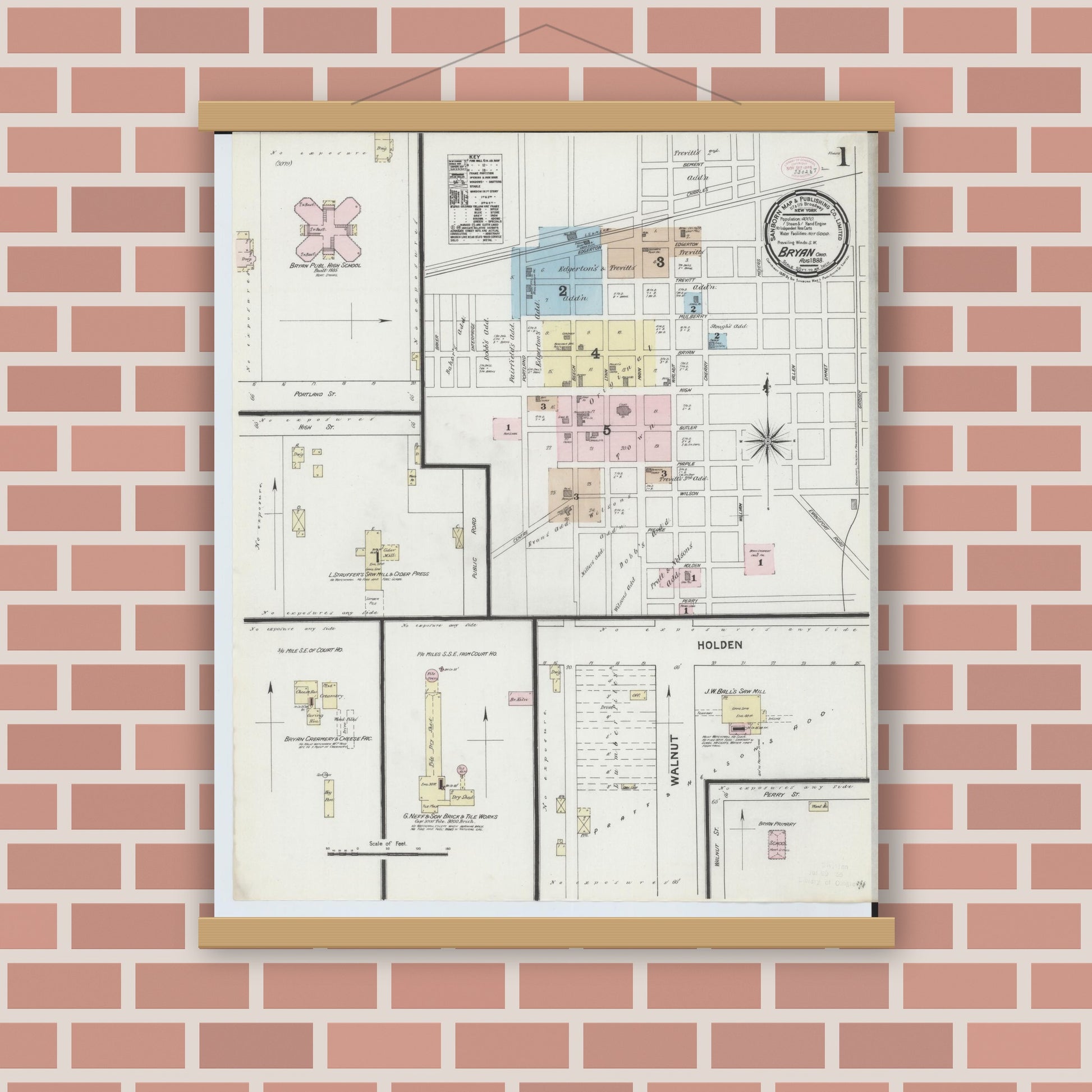 Old map wall art mockup — magnetic wood frame on brick wall — Sanborn Fire Insurance Map from Bryan, Williams County, Ohio (1888), Sheet #0001
