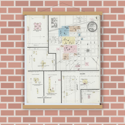 Old map wall art mockup — magnetic wood frame on brick wall — Sanborn Fire Insurance Map from Bryan, Williams County, Ohio (1888), Sheet #0001
