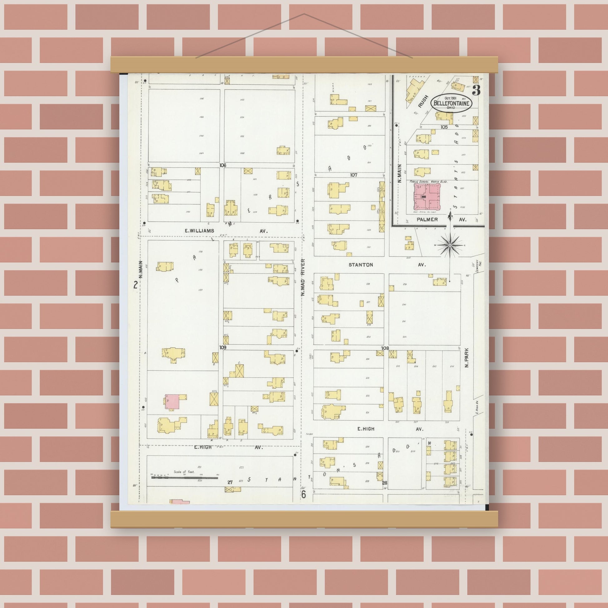 Old map wall art mockup — magnetic wood frame on brick wall — Sanborn Fire Insurance Map from Bellefontaine, Logan County, Ohio (1901), Sheet #0003