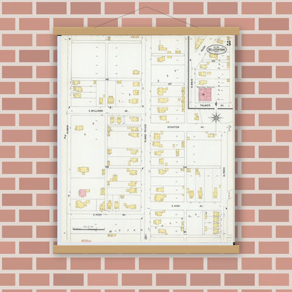 Old map wall art mockup — magnetic wood frame on brick wall — Sanborn Fire Insurance Map from Bellefontaine, Logan County, Ohio (1901), Sheet #0003