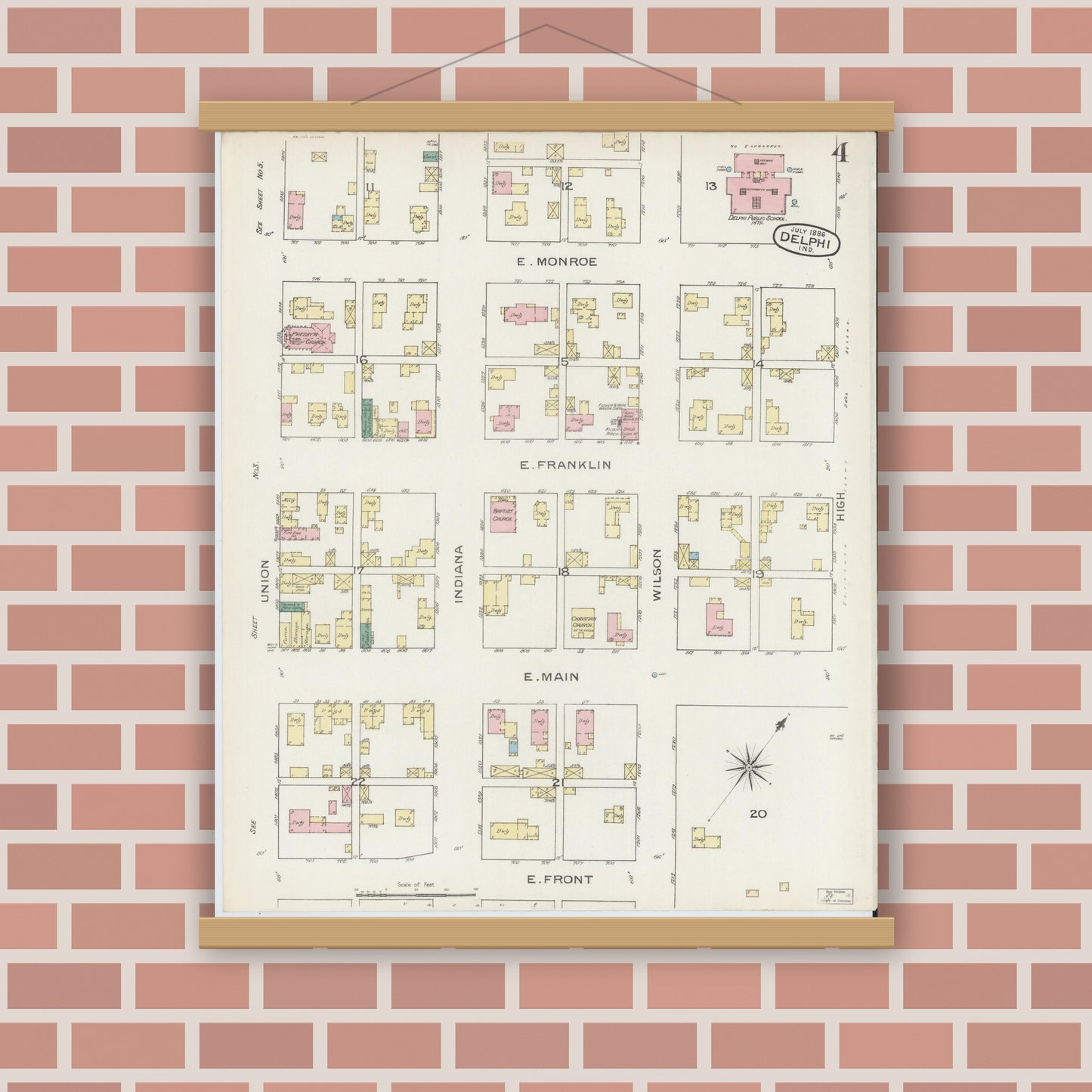 Old map wall art mockup — magnetic wood frame on brick wall — Sanborn Fire Insurance Map from Delphi, Carroll County, Indiana (1886), Sheet #0004